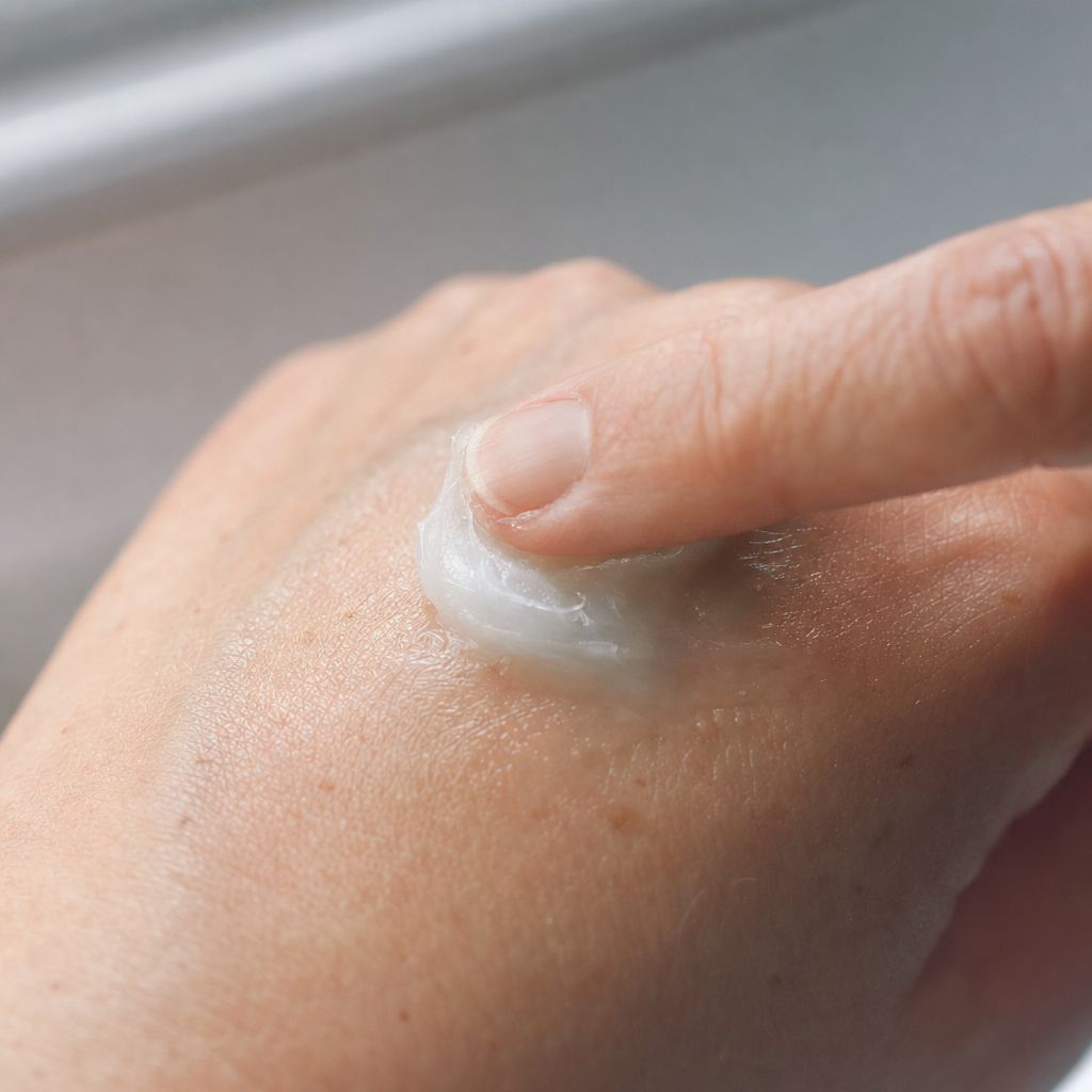 Close-up of a fingertip pressing into petroleum jelly to demonstrate occlusive texture