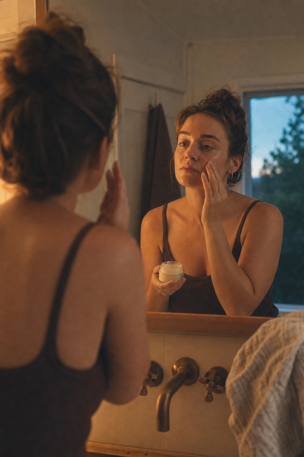Person applying moisturizer in front of a mirror during a calm evening routine