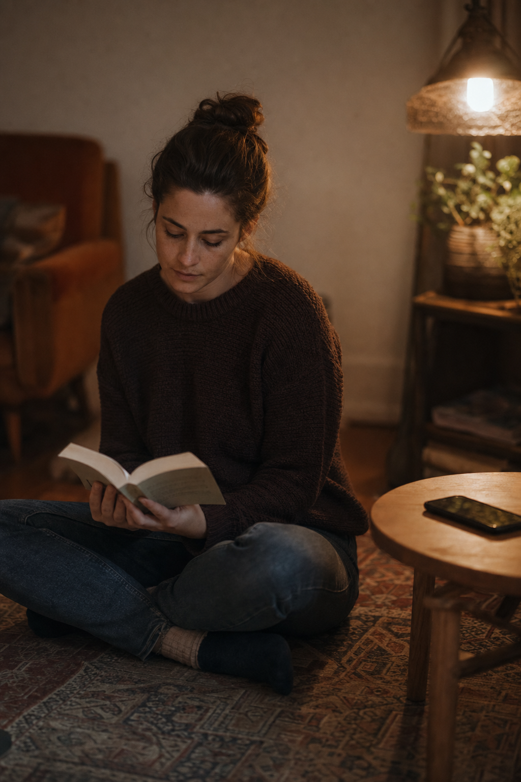 Person reading a paperback book in warm evening light with their phone face-down nearby