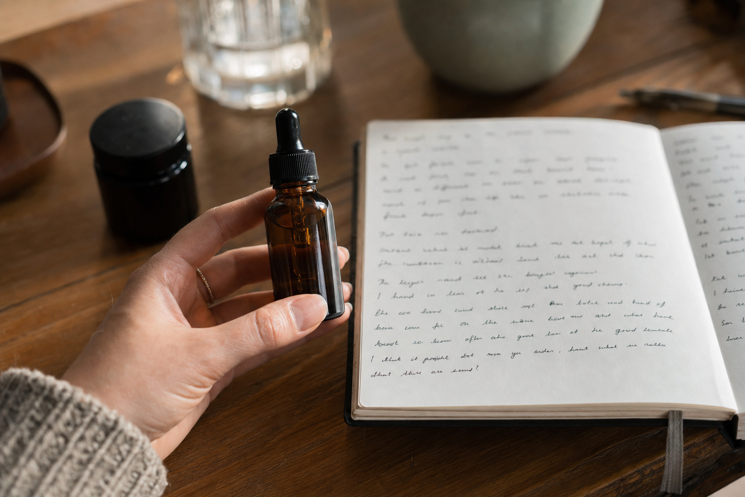 Hand holding a dropper bottle of active serum beside handwritten notes on choosing skincare actives