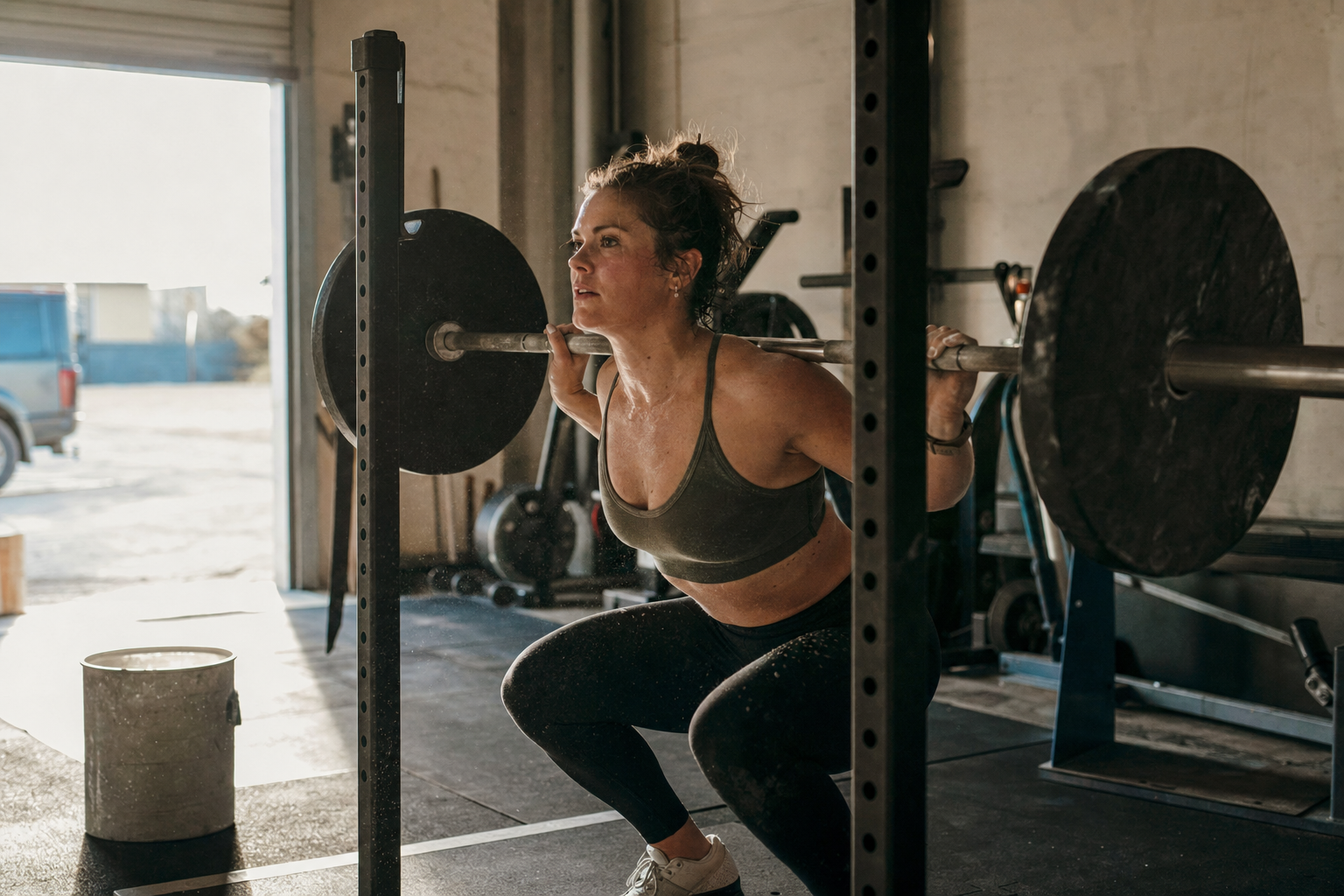 Woman completing a barbell squat in a sunlit home gym during morning training