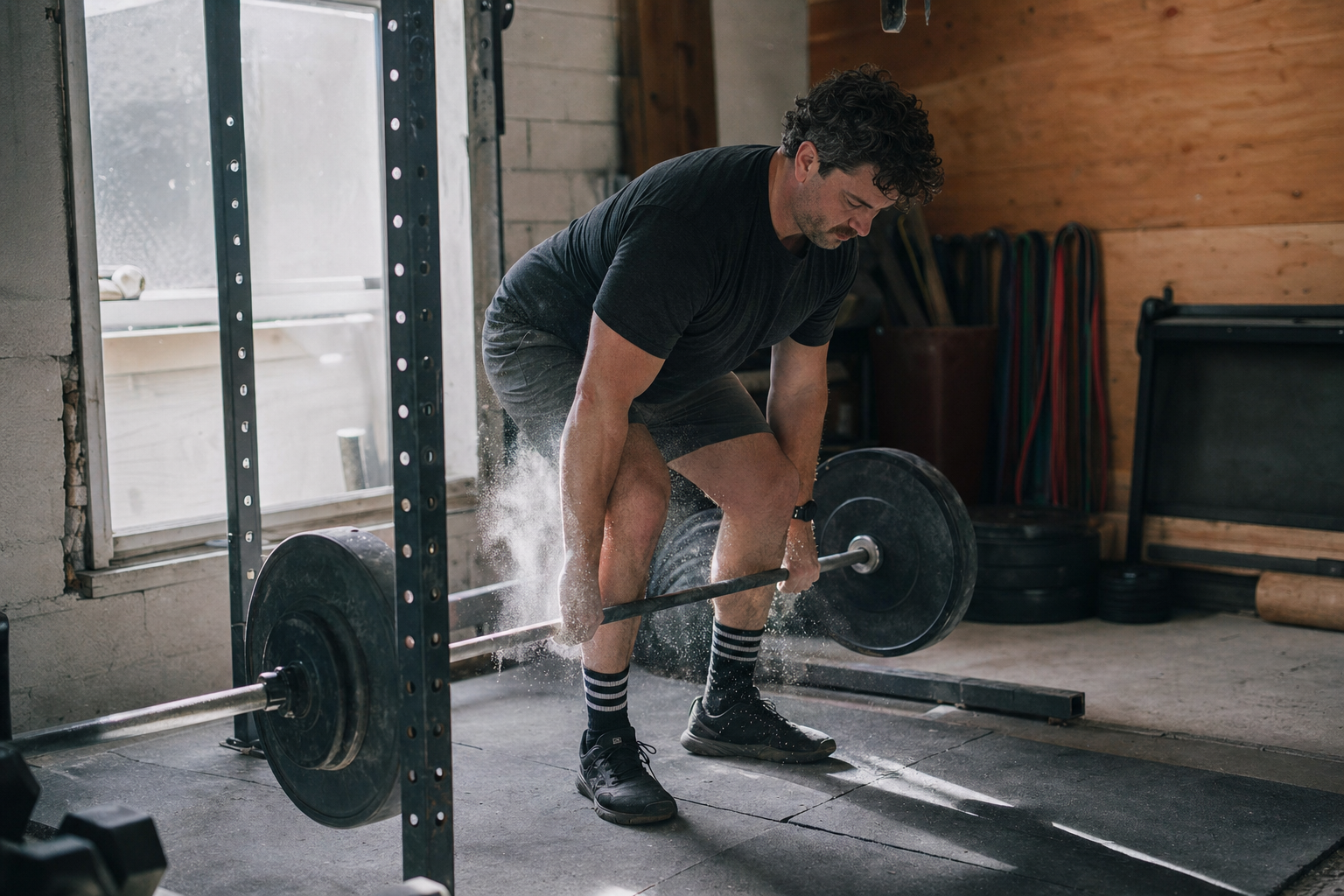 Person performing a barbell lift in a home garage gym with natural window light