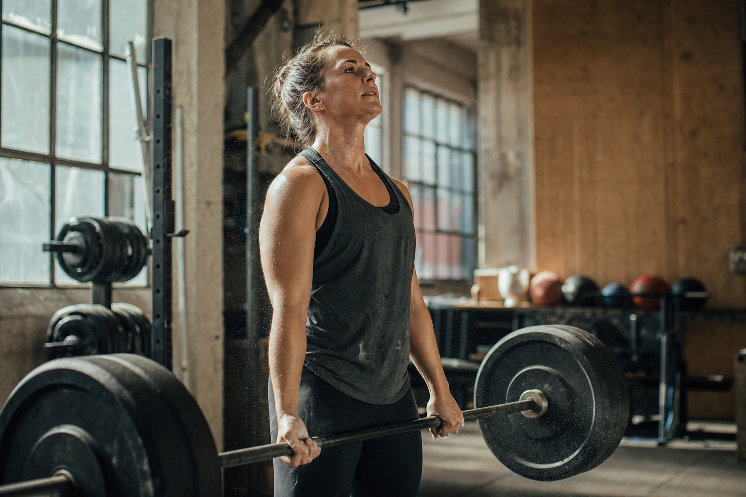 Person performing a barbell lift in a sunlit gym, illustrating strength training as metabolic health
