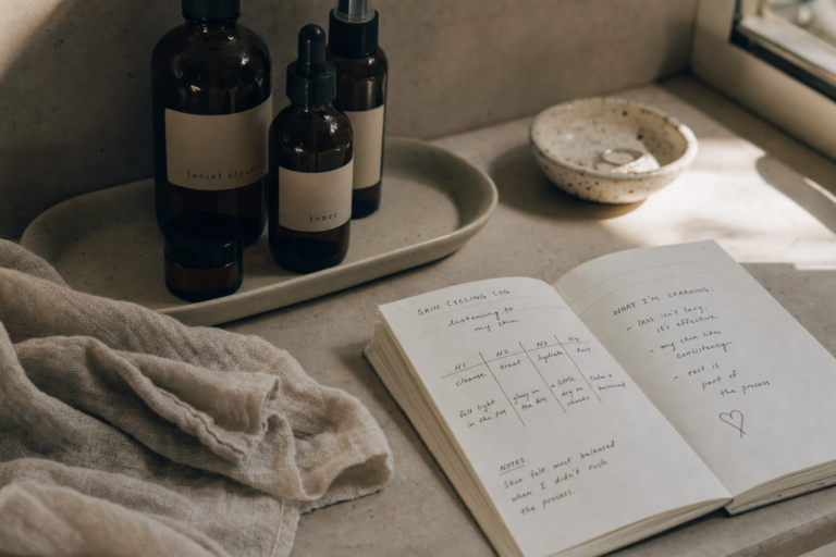 Bathroom shelf with skincare bottles and a handwritten log, soft natural light