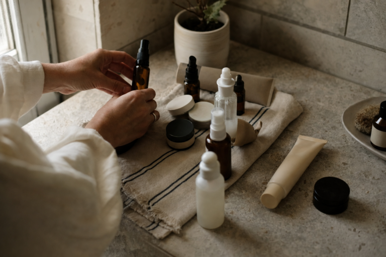 Skincare bottles being sorted on a linen towel in soft natural light during a product audit