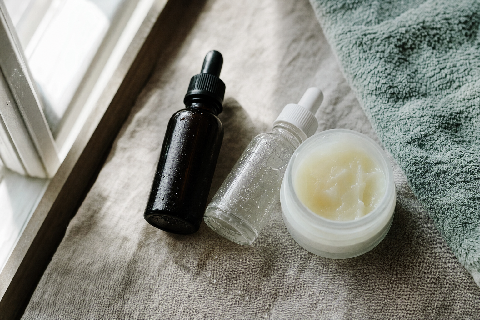Three skincare products representing cycling, flooding, and slugging arranged on a linen towel in soft window light