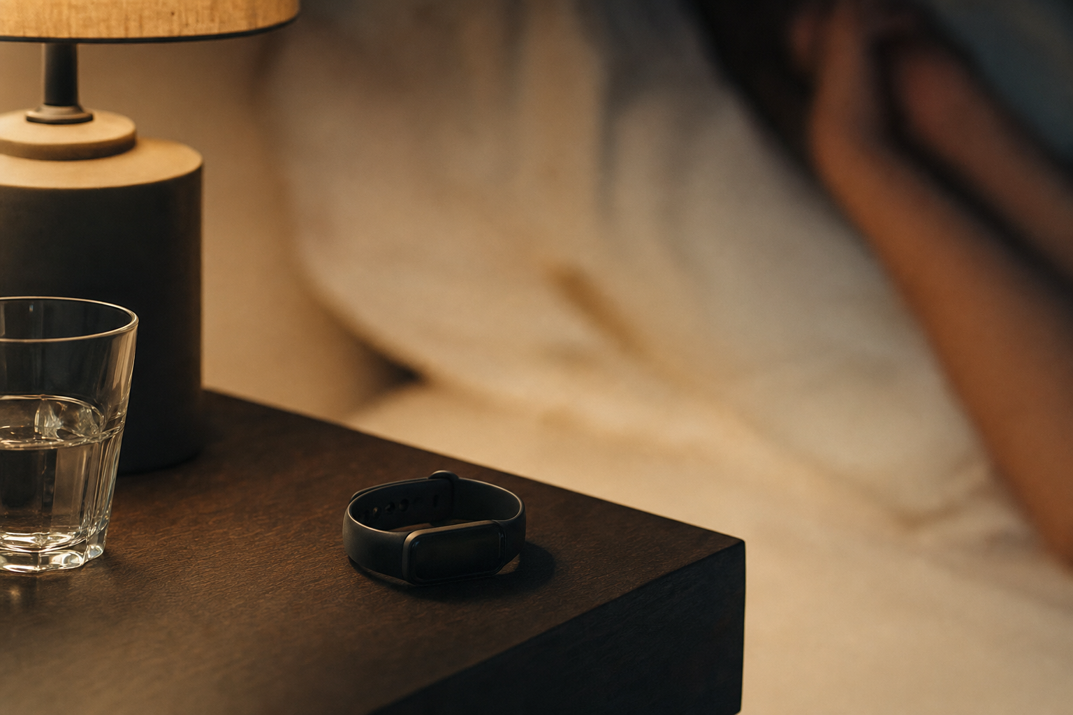 Wearable sleep tracker on a nightstand in dim evening bedroom light