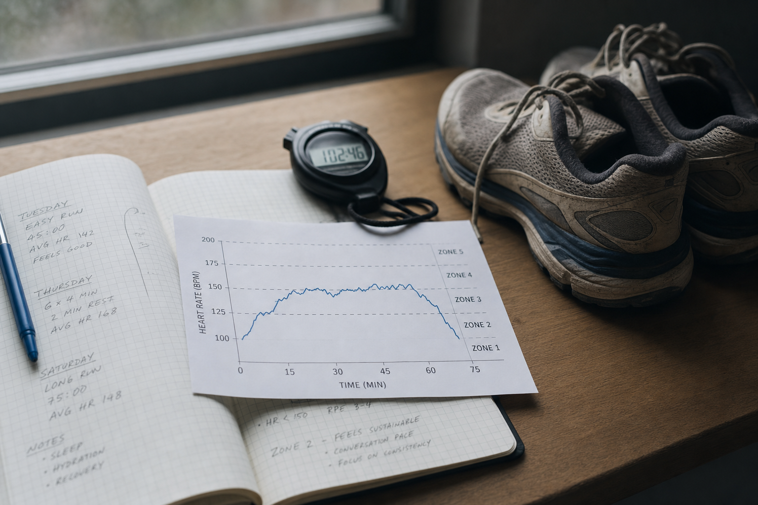 Notebook with heart-rate data, a stopwatch, and running shoes on a wooden desk