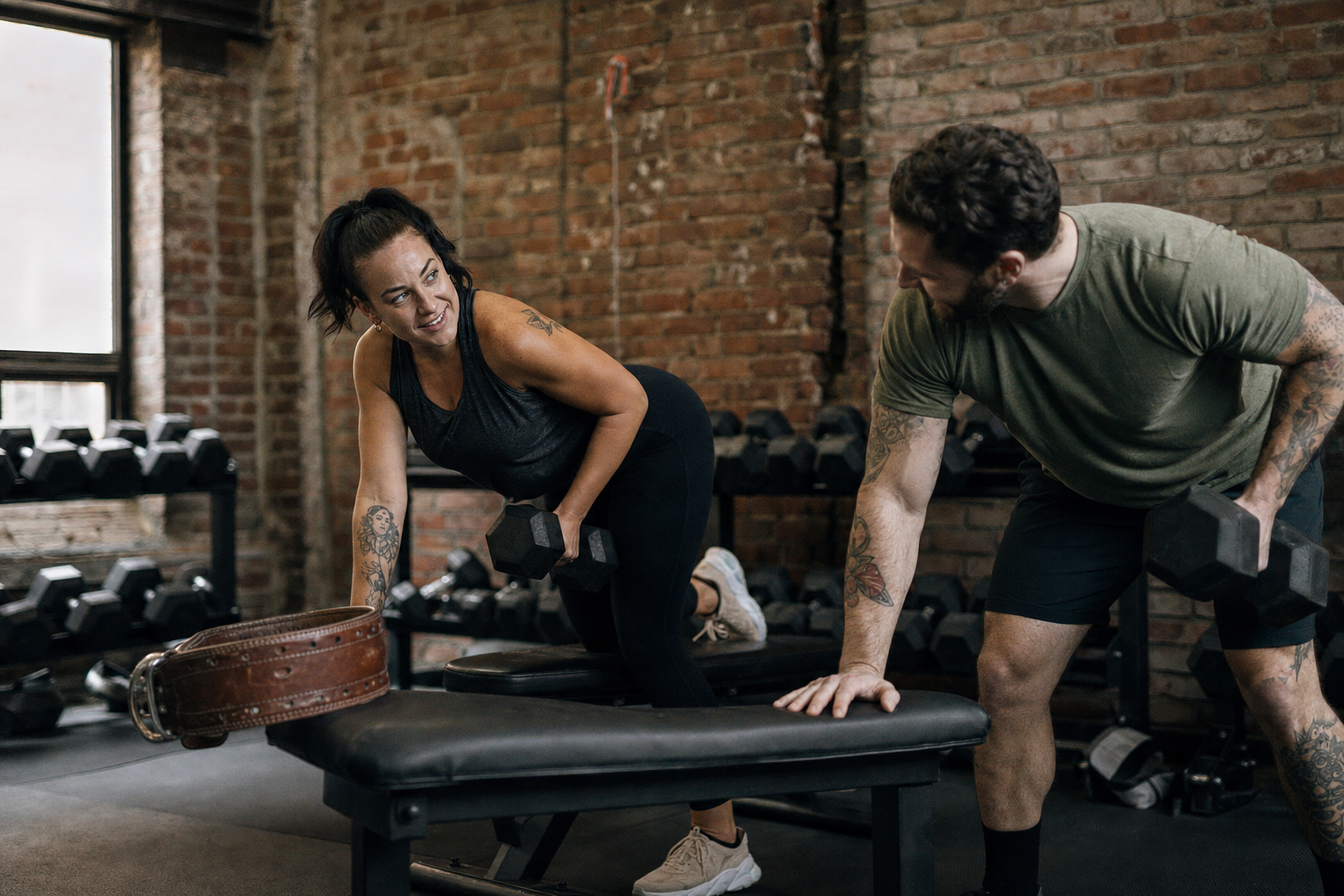 Two adults spotting each other during dumbbell training in a converted warehouse gym
