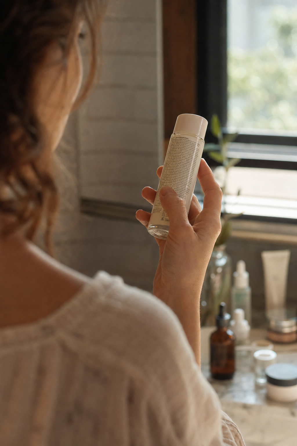 Hand checking a skincare ingredient label against natural window light