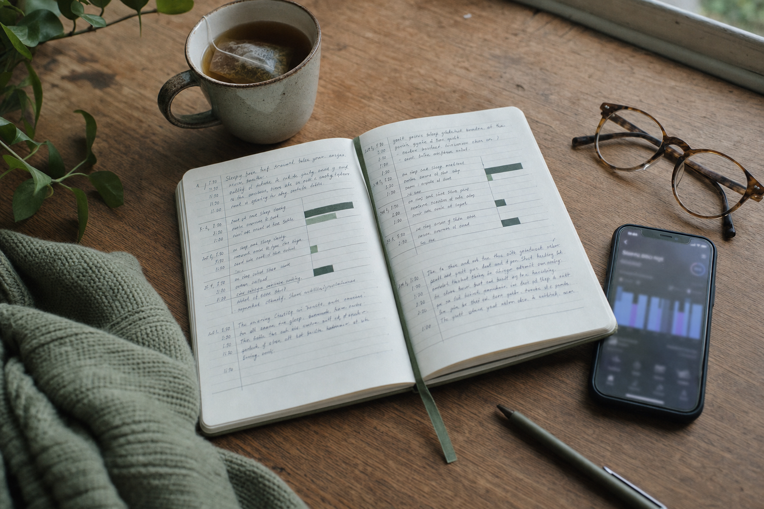 Handwritten sleep journal beside a phone displaying a blurred sleep tracking app