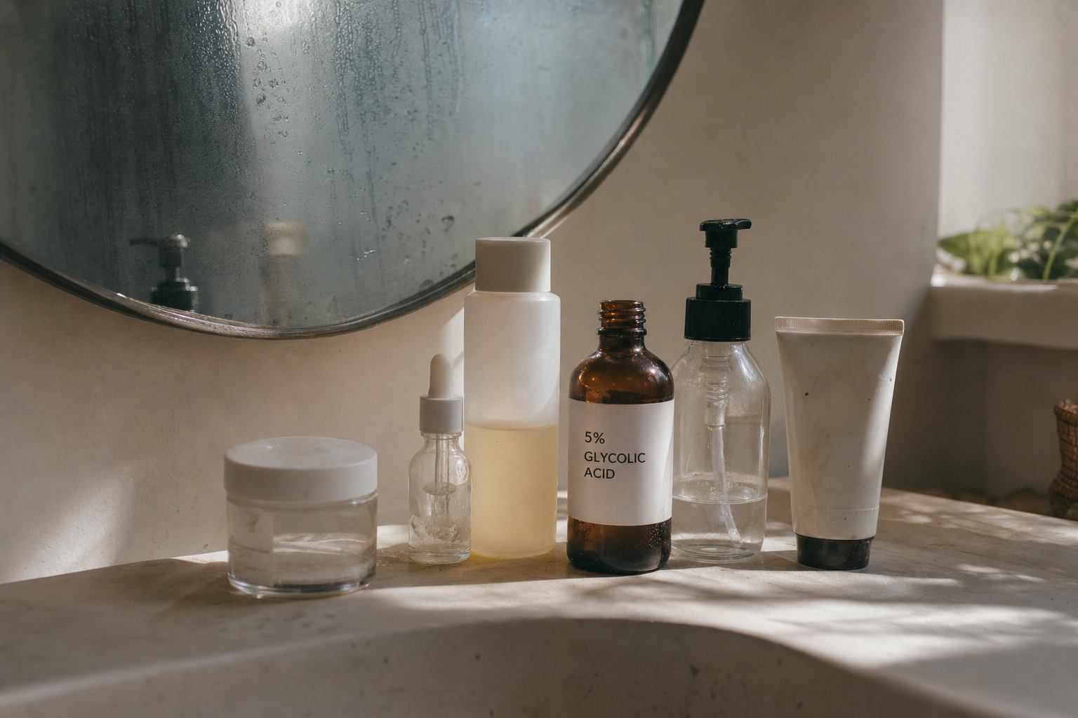 Bathroom counter cluttered with multiple acid and active skincare bottles in morning light