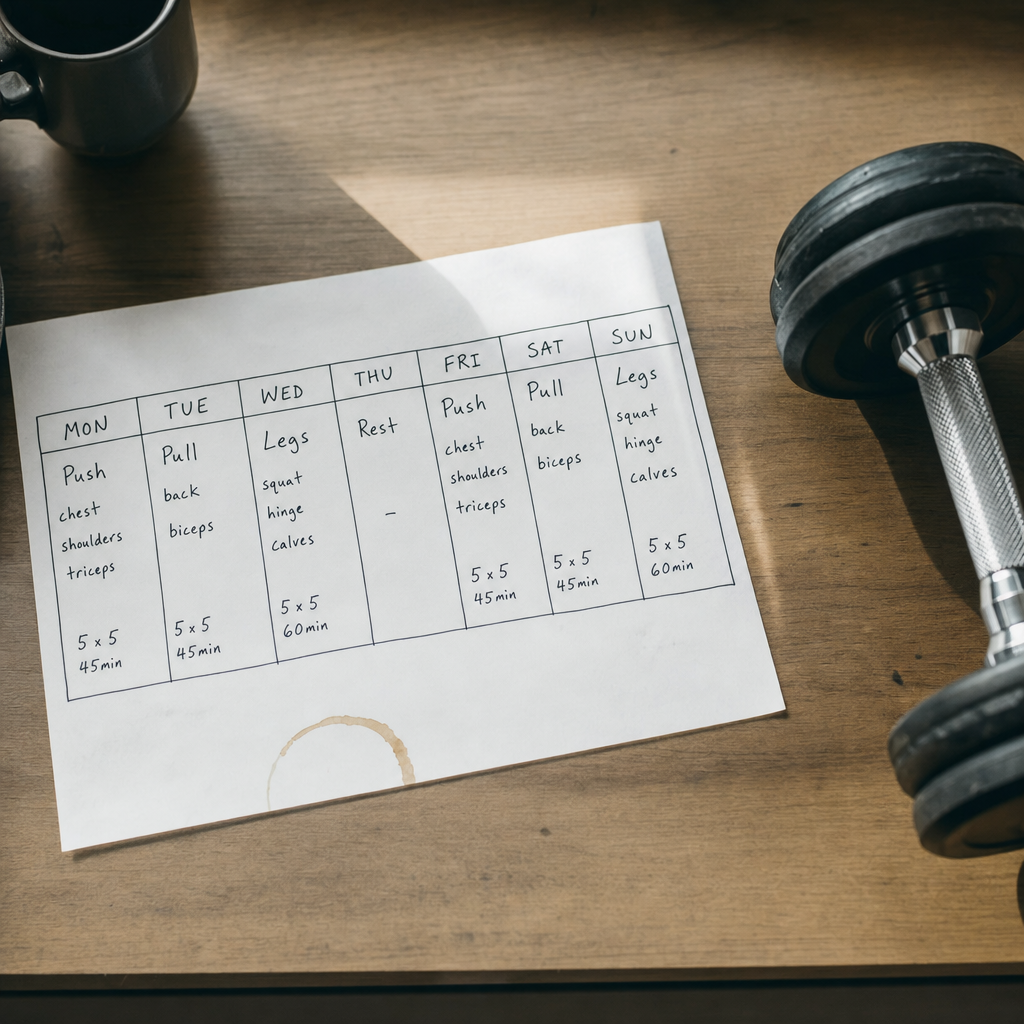 Handwritten weekly workout planner beside a dumbbell on a wooden desk