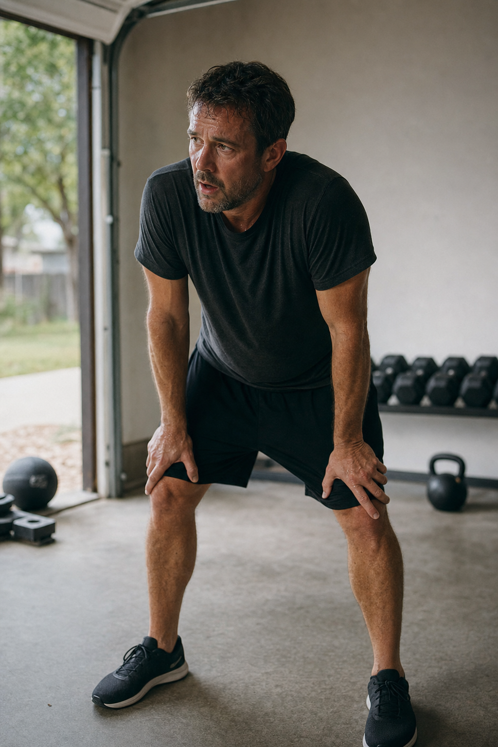 Man resting after a high-intensity interval workout in a home garage gym