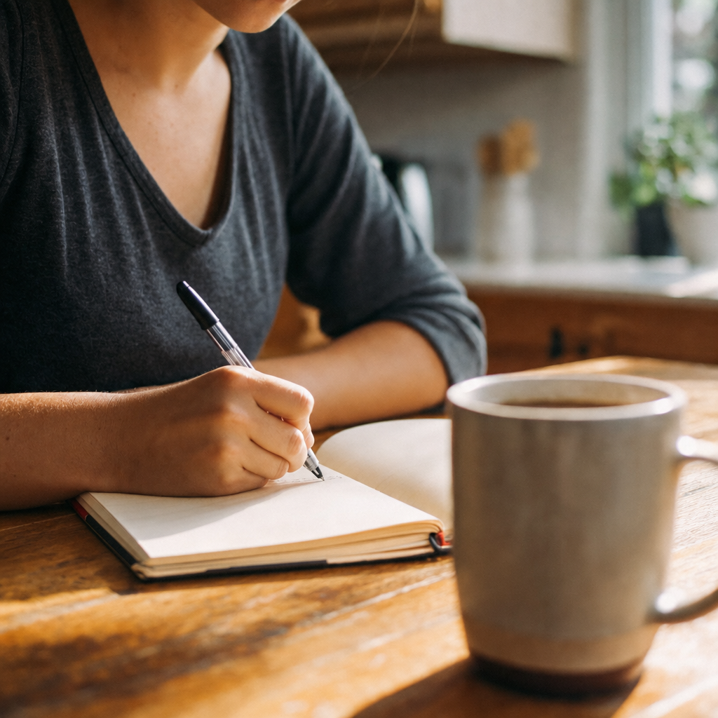 Hands writing a daily plan in a paper journal at a sunlit kitchen table