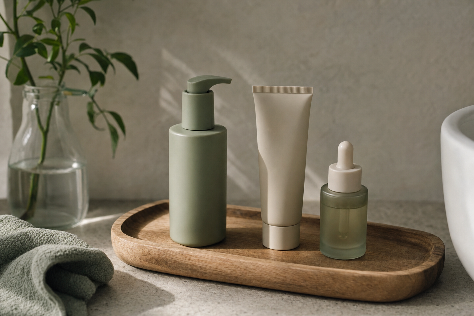 A minimalist three-product skincare routine arranged on a wooden tray in morning light