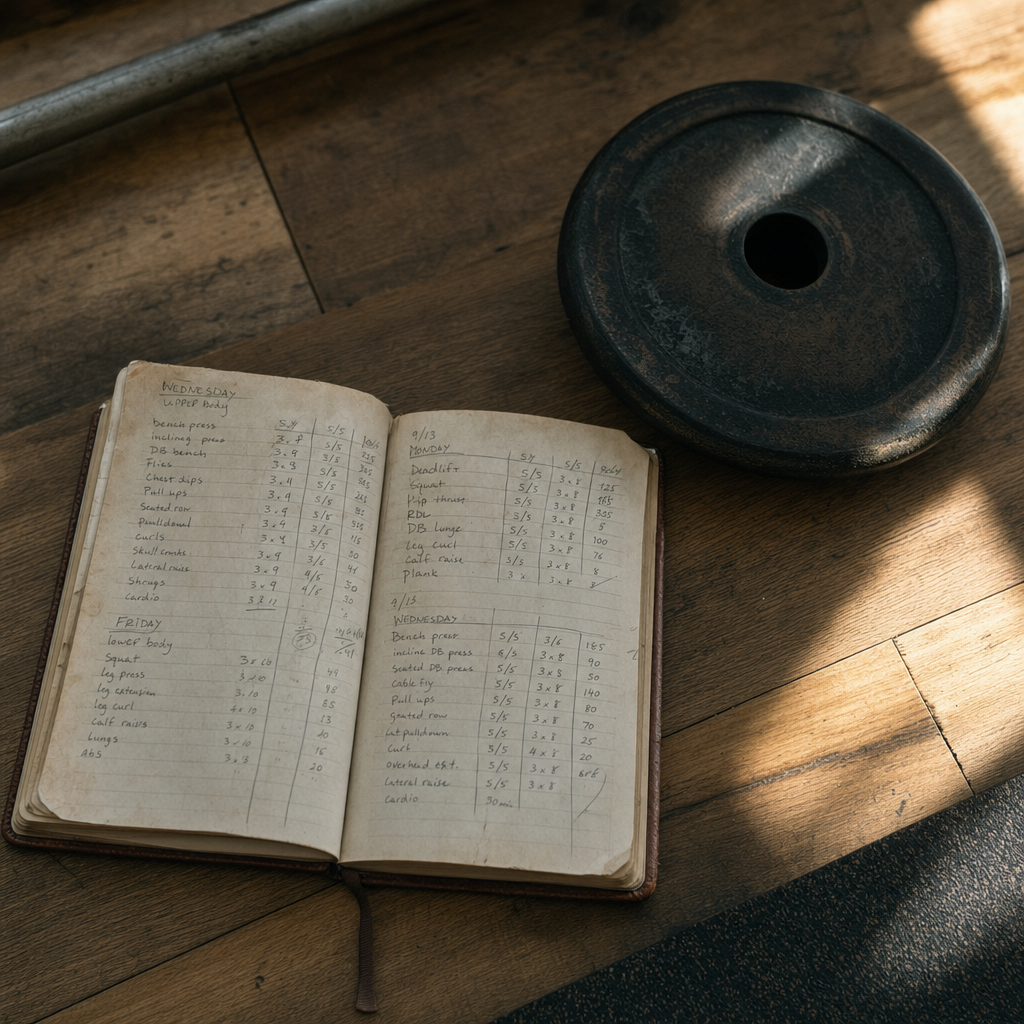 Handwritten training journal beside a barbell plate on a gym floor