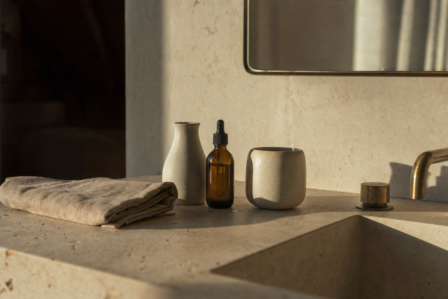 Minimalist bathroom counter at golden hour representing a sustainable long-term skincare routine