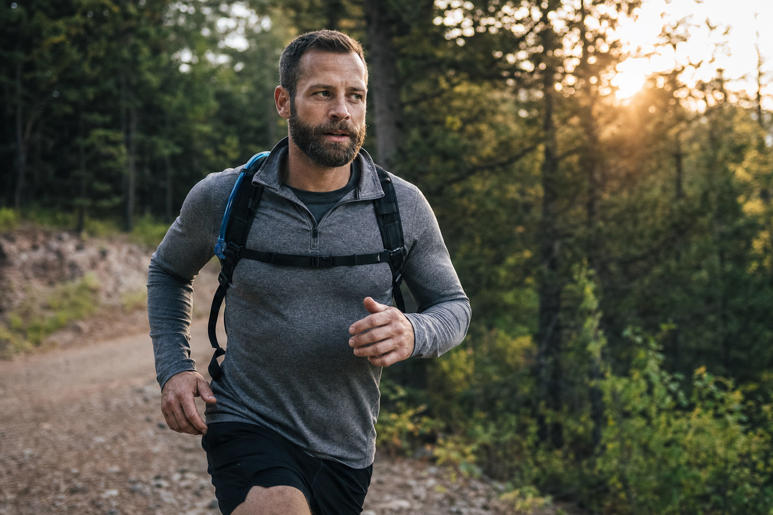 Man walking briskly on a forest trail at golden hour during a Zone 2 cardio session