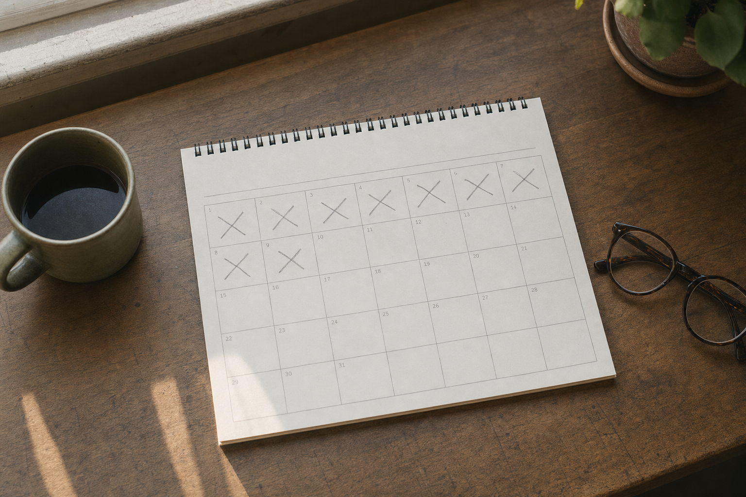 Wall calendar with weeks marked, coffee cup, and reading glasses on a desk