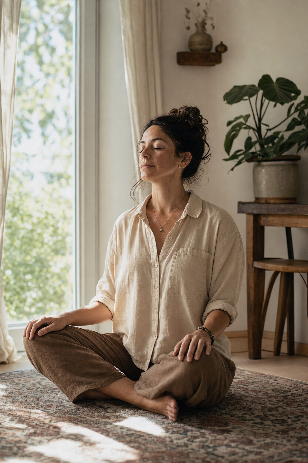 Person practicing slow breathing while seated near a sunlit window