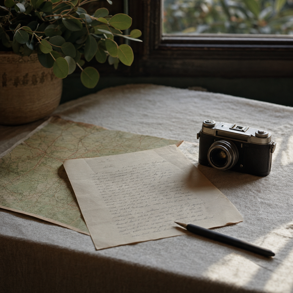 A handwritten letter, paper map, and analog camera on a linen tablecloth