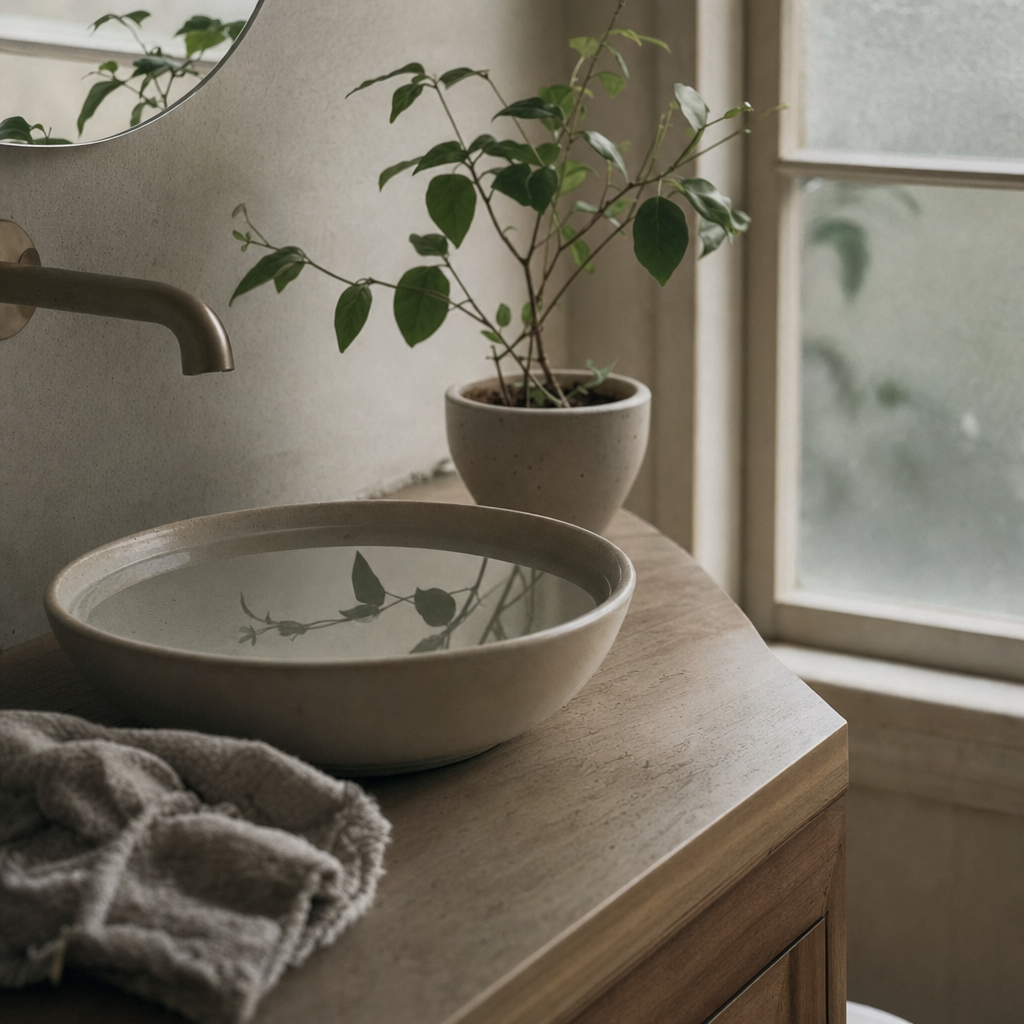 Ceramic bowl of water and linen washcloth on a bathroom vanity