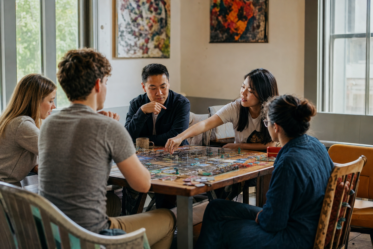 Young adults playing a board game together at a community center table
