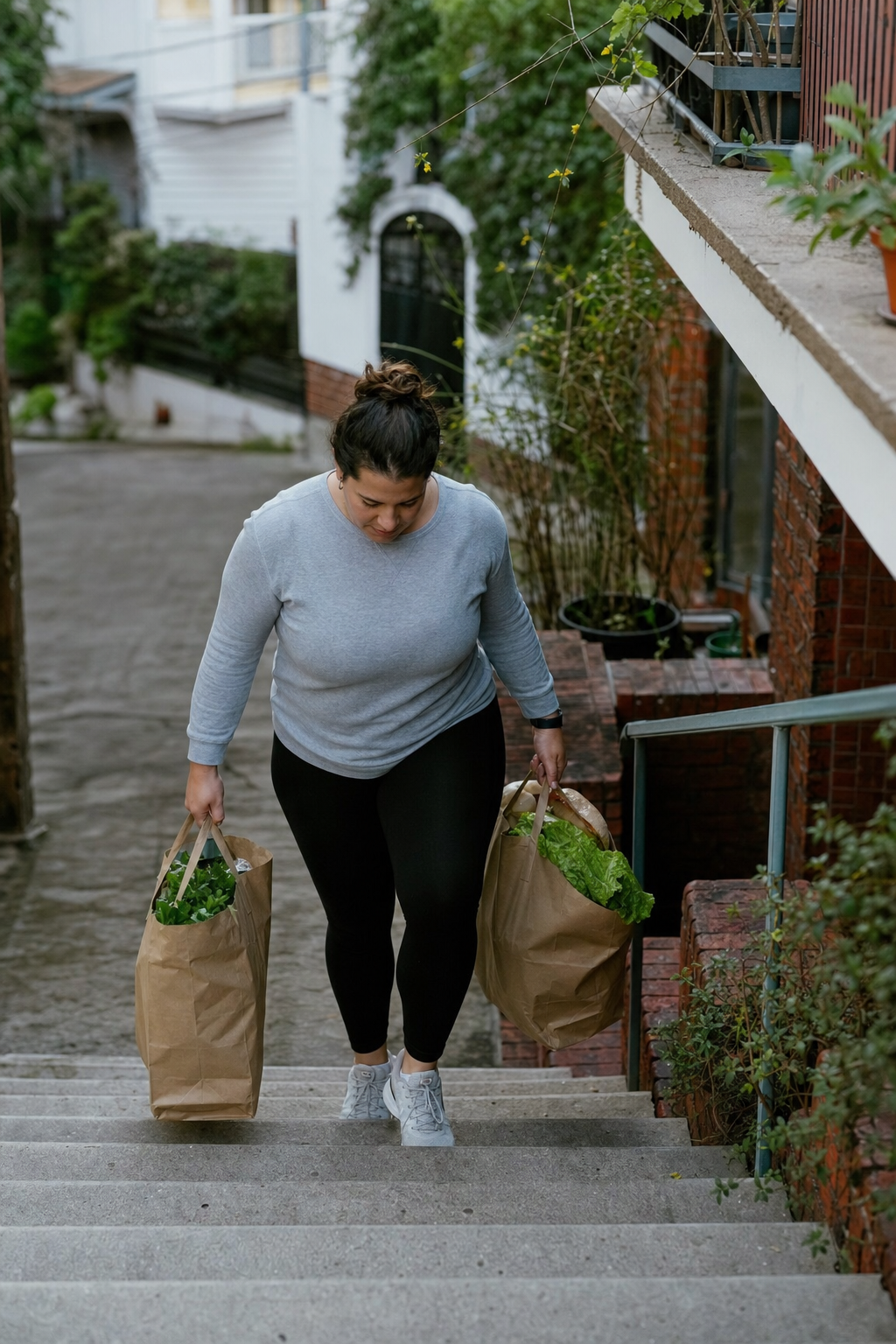 Person carrying grocery bags up outdoor stairs in a residential neighborhood