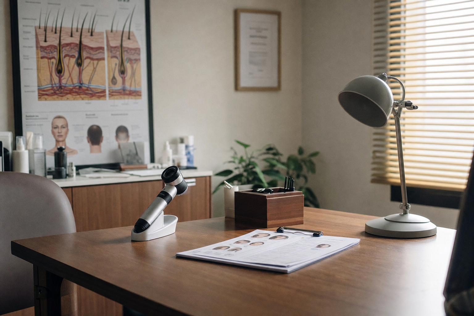 Dermatology consultation room with trichoscope and patient chart on desk