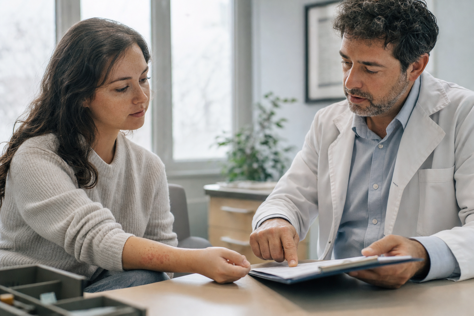 Dermatologist reviewing notes with a patient during a clinic consultation