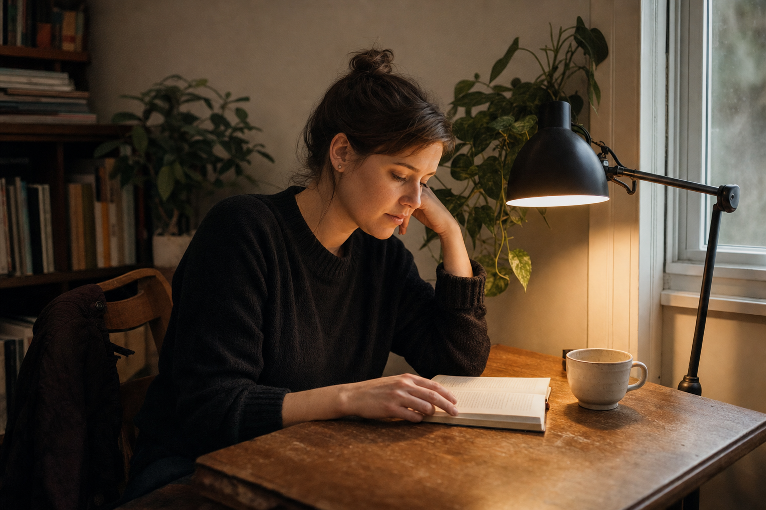 Person reading by lamplight during a quiet evening wind-down