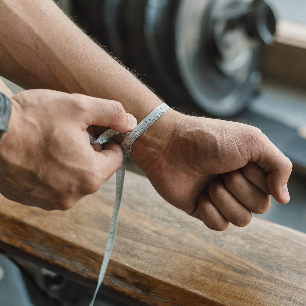 Tape measure wrapped around a wrist on a wooden gym bench