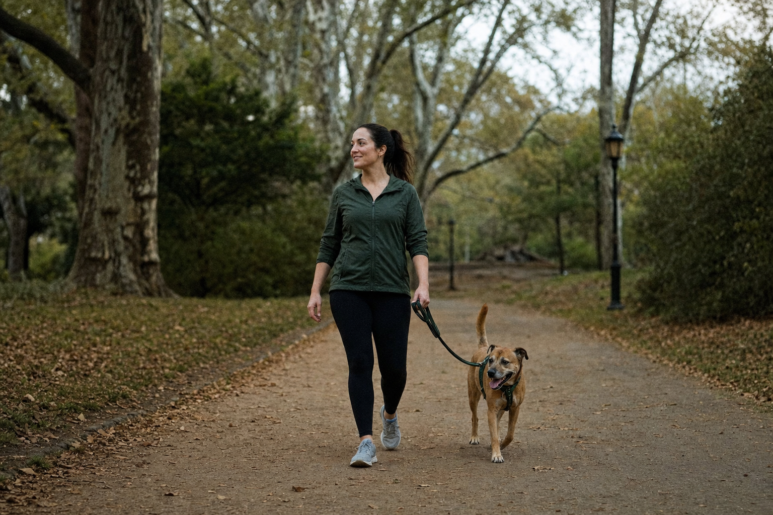 Person walking a dog through a quiet park on an overcast morning