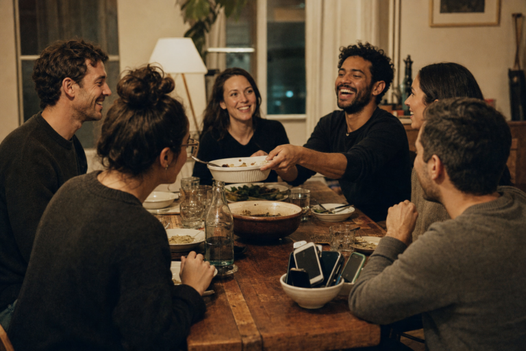 Friends gathered around a wooden table for dinner with phones set aside in a bowl