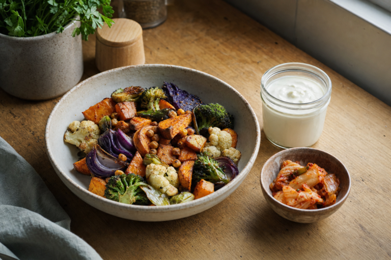 Overhead view of fermented and whole foods on a wooden kitchen counter in natural light