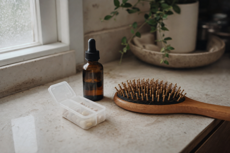 Minoxidil bottle and hairbrush on a bathroom vanity in soft natural light