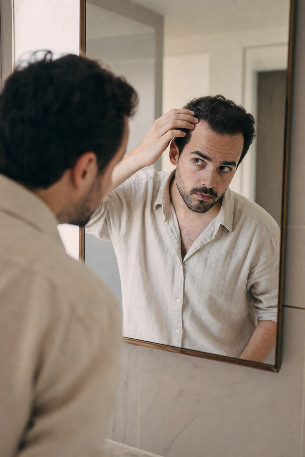 Person examining their hairline in a softly lit bathroom mirror