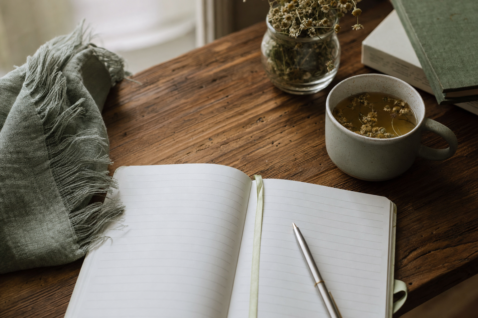 Open notebook and herbal tea on a wooden desk in soft morning light