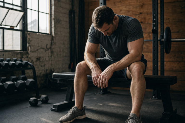 Man resting on a gym bench after a workout, showing visible fatigue in natural window light