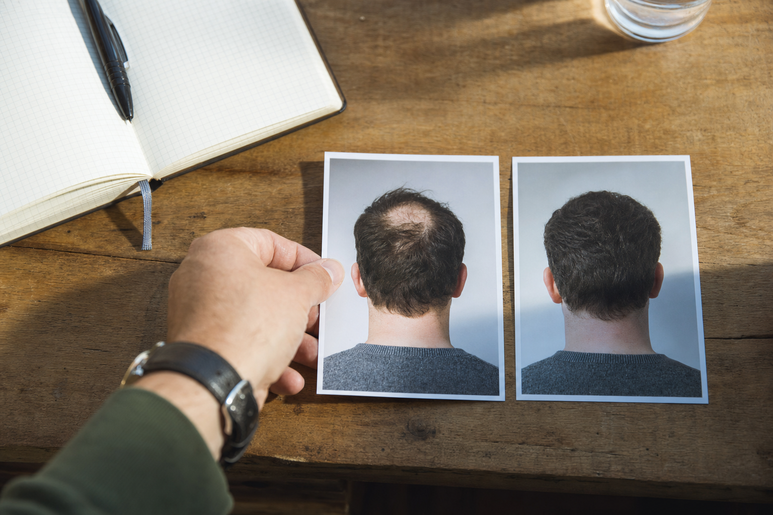 Hand comparing two printed progress photographs on a wooden desk