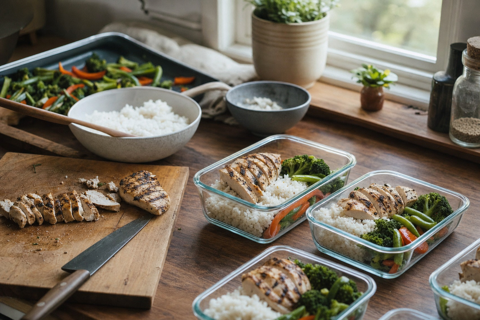 Home-cooked meal being portioned into glass containers on a kitchen counter