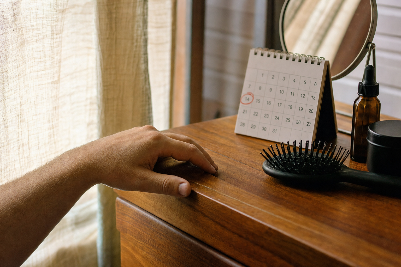 Hand resting near a hairbrush and marked calendar in warm afternoon light