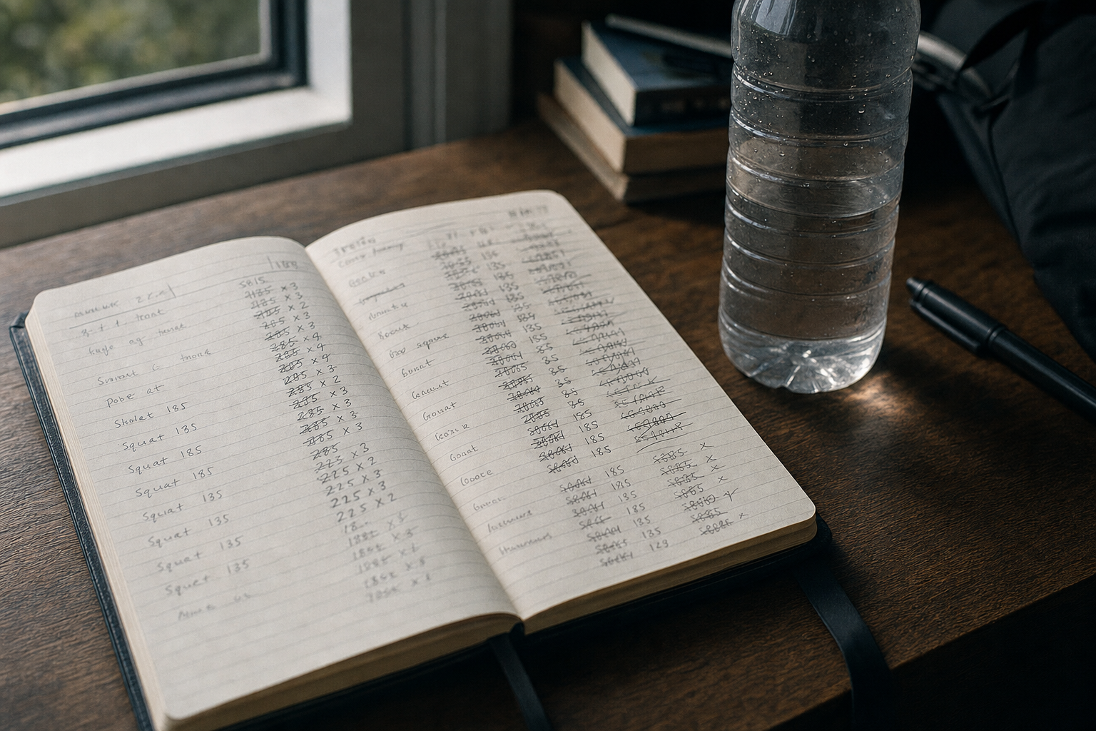 Open training journal with handwritten workout notes on a wooden desk in morning light