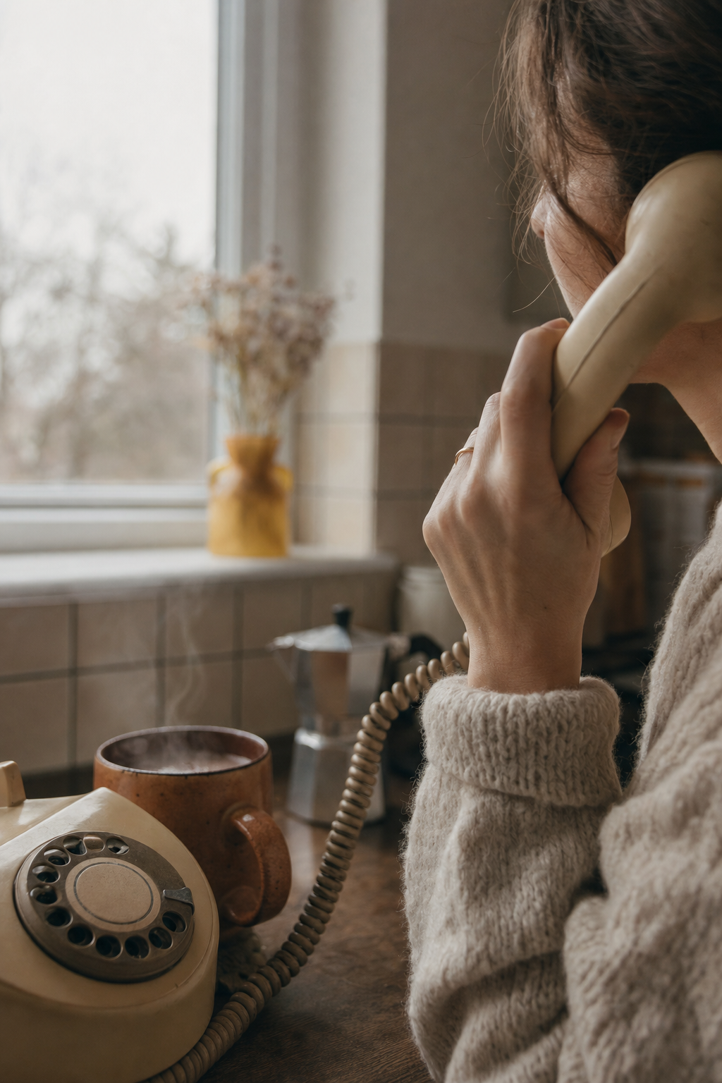 Hand holding a landline phone receiver near a sunlit kitchen window