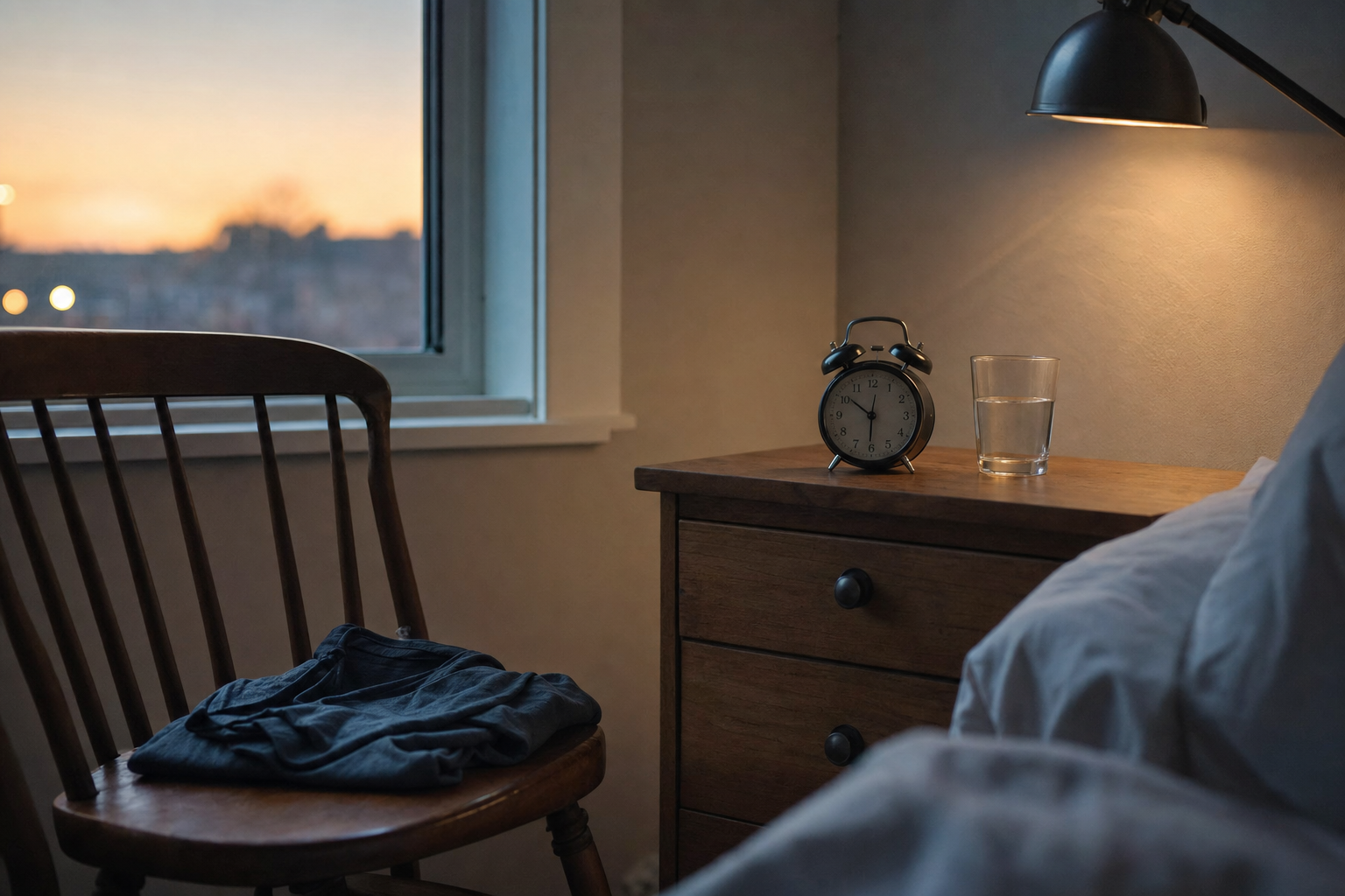 Quiet bedroom nightstand scene symbolizing sleep as part of the recovery process
