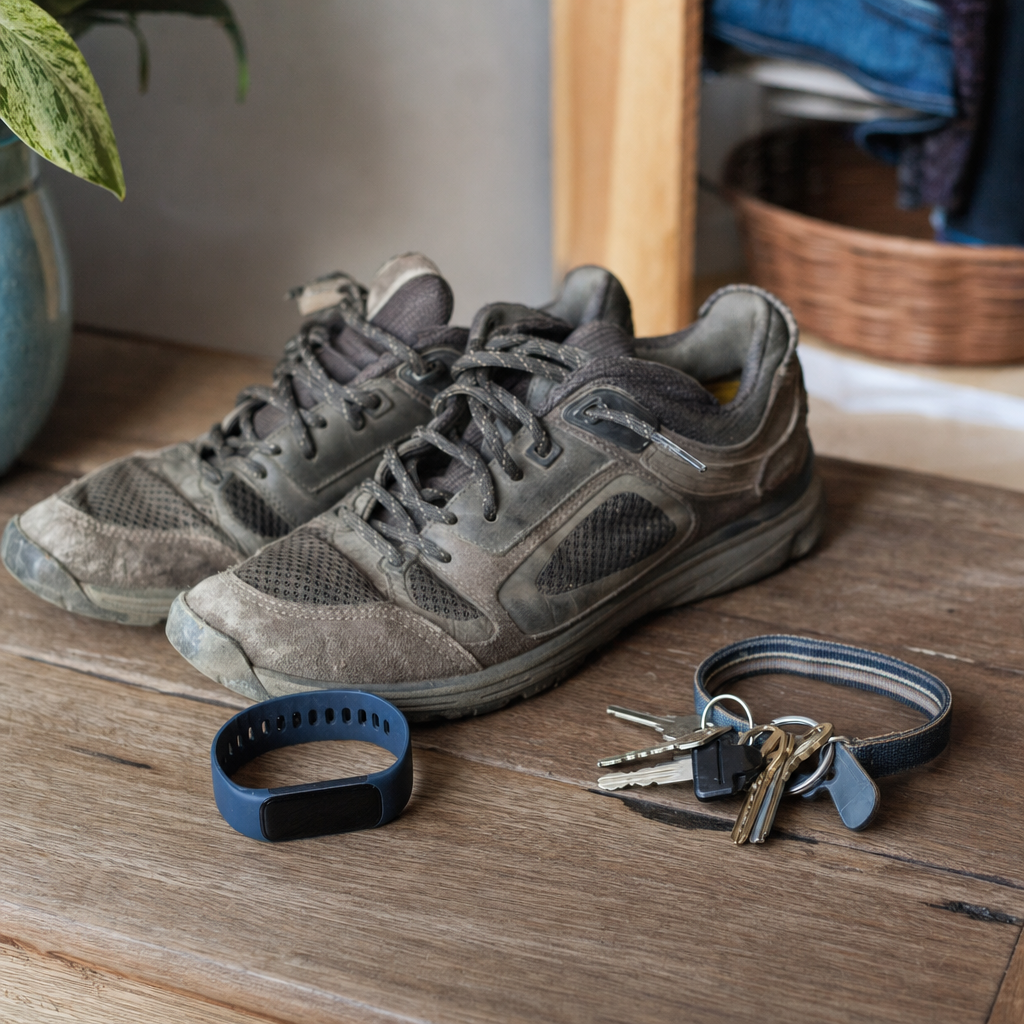 Walking shoes and a fitness watch on a wooden table near an entryway