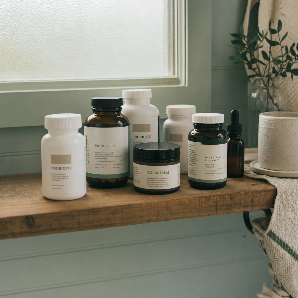 Bathroom shelf lined with probiotic and supplement bottles in soft morning light