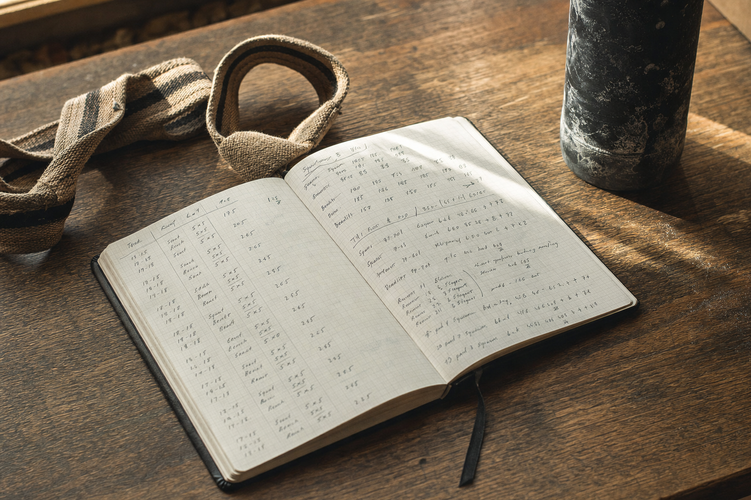 Handwritten training log on a wooden desk with lifting straps