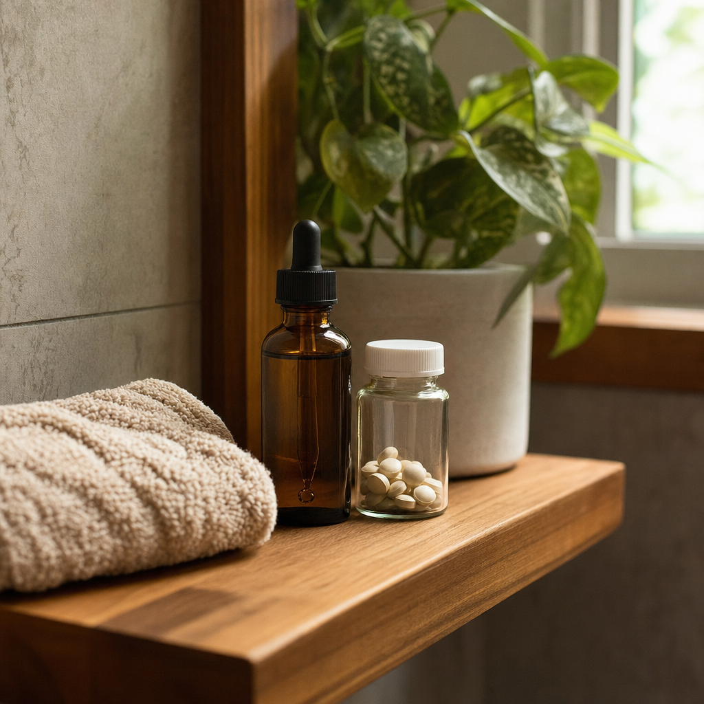 Dropper bottle and pill bottle on a wooden bathroom vanity shelf